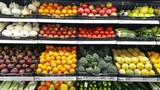 Fruit and vegetables on the supermarket shelves.