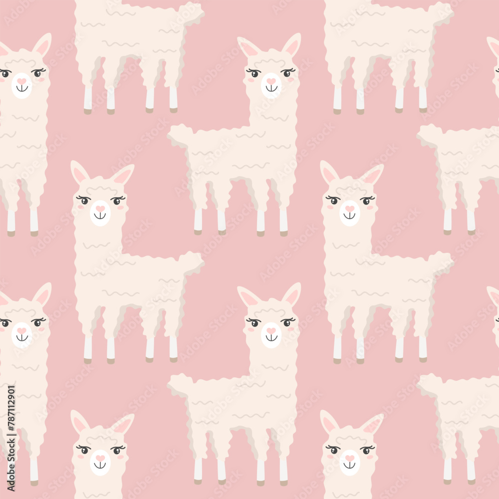 Seamless pattern with cute cartoon hand draw lama, alpaca on pink background. Design for printing, textile, fabric.