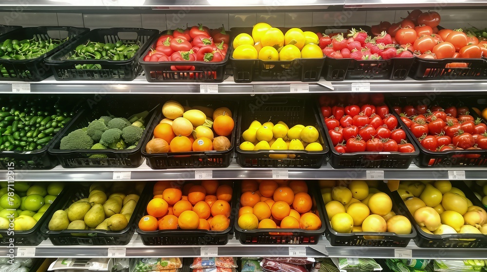 Fruit and vegetables on the supermarket shelves.