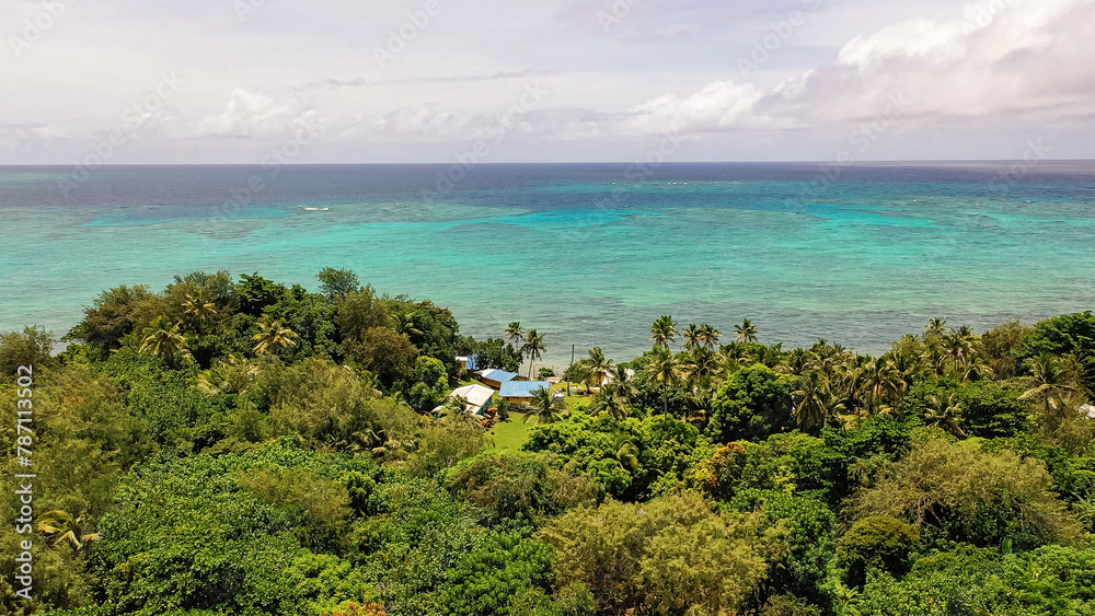Scenic view of coast with exotic palm trees on sandy beach near turquoise sea against cloudy sky. Scenic view of coast with exotic palm trees on sandy beach near turquoise sea against cloudy sky.