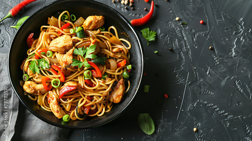 Stir-fry. Delicious cooked noodles with chicken 
