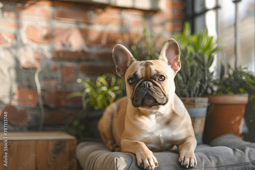 French Bulldog posing in an urban plant setting