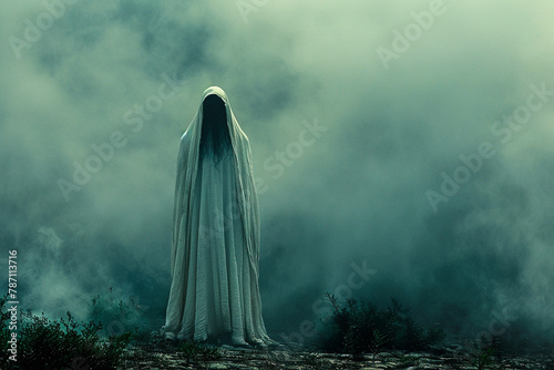 A ghostly figure shrouded in a sheet stands in a foggy, mysterious landscape.