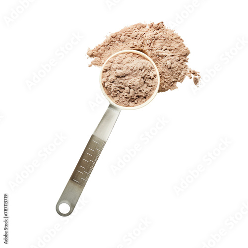 A scoop of whey protein powder on a measuring spoon, ready for blending into a nutritious shake, symbolizing fitness and recovery, isolated on transparent background © SRITE KHATUN