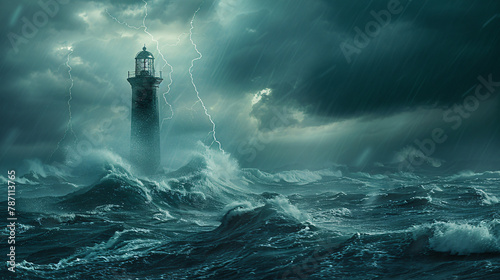 Stormy sea with tall lighthouse With copyspace for text photo