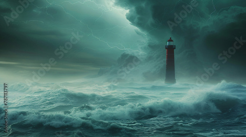 Stormy sea with tall lighthouse With copyspace for text