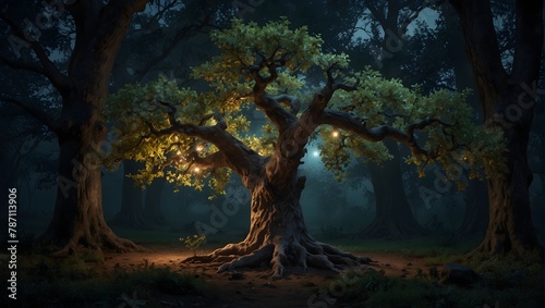 An ancient, gnarled apple tree in the middle of an enchanted forest, glowing softly in the moonlight Generative AI