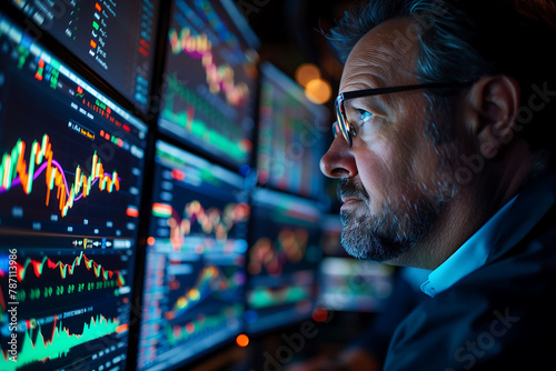 Market Analysis Focus: Trader Engrossed in Stock Data Screens