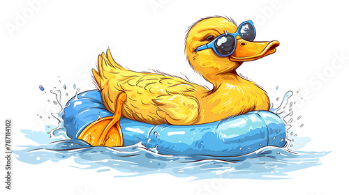 Yellow rubber duck floating on blue water in a pool on a hot summer day, taking a bath and swimming © photo for everything