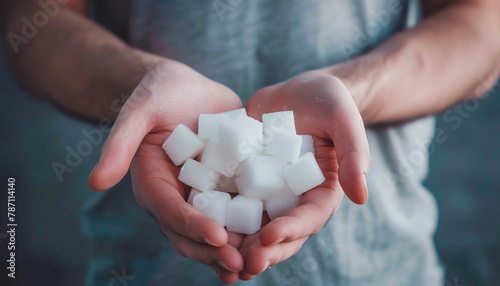 A man holding a handful of sugar cubes. photo