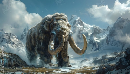 A terrestrial animal, the mammoth, is standing in the snow in the natural landscape of the mountains, with clouds hovering above and water nearby photo