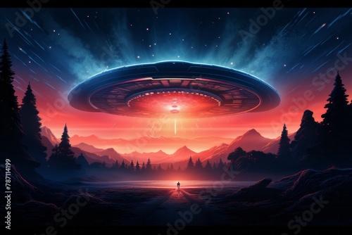 An alien spaceship hovering above a mysterious alien landscape