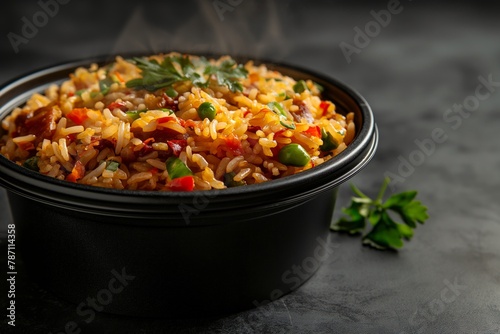 Fried rice with shrimp, chicken, and vegetables in a takeout container on a dark background