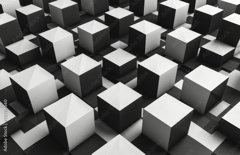 Monochrome Cubes Arrangement on White Background, Abstract Geometric Composition with Black and White Blocks
