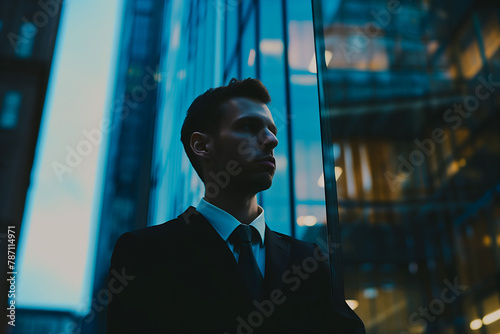 Contemplative Businessman: Evening Ambience in Corporate Setting
