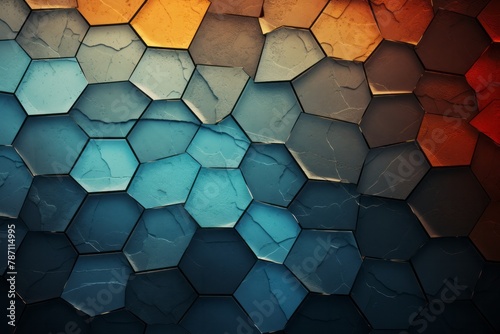 A vibrant and colorful background featuring a multitude of hexagonal shapes arranged in a pattern. The hexagons come in various sizes and hues, creating a visually striking and dynamic composition