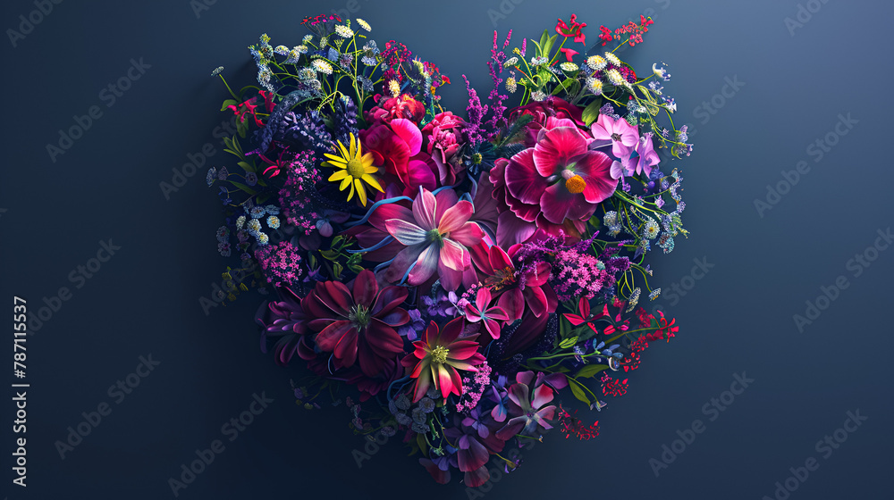 Abstract realistic illustrated colorful love heart made of flowers, generative Ai