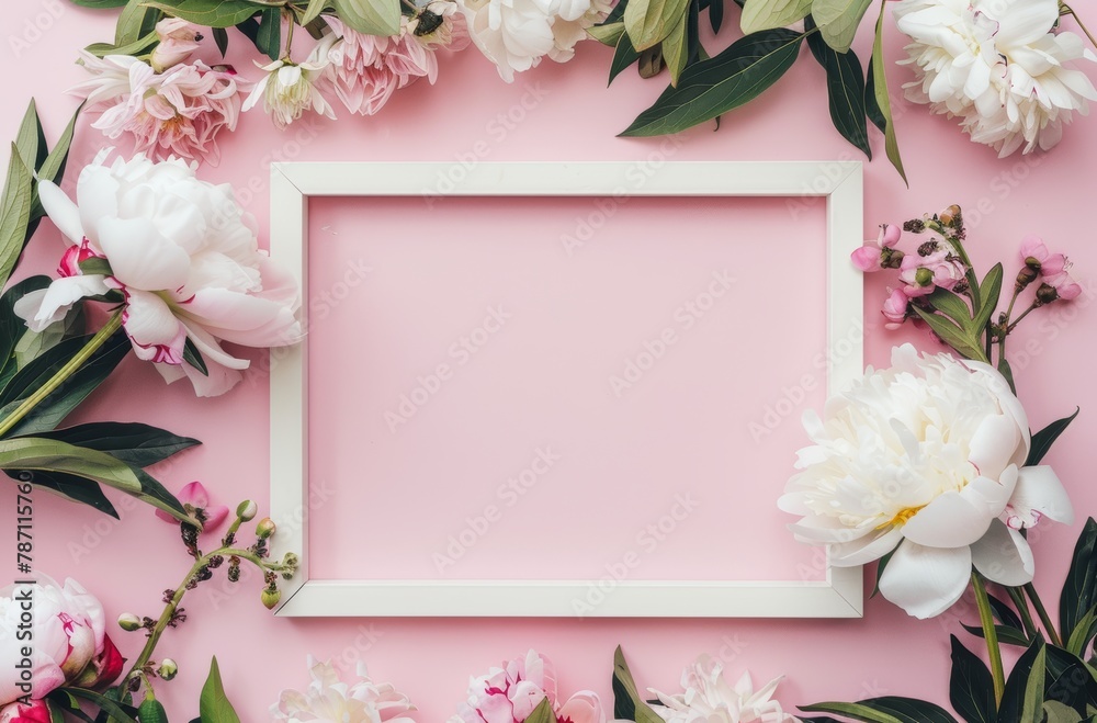 White Frame Surrounded by Pink Flowers on Pink Background