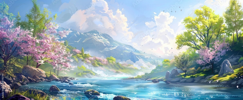 Beautiful river, blue water, surrounded by green trees and pink cherry blossoms, rocks on the shore, fantasy style, sunny day, blue sky with white clouds, mobile wallpaper, highly detailed