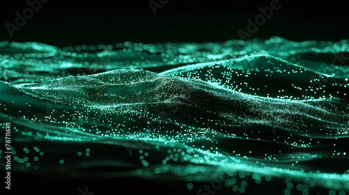Bioluminescent tide of green particles on dark backdrop. photo