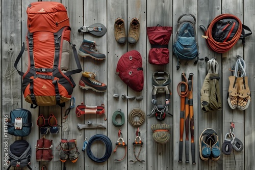 Climbing equipment is hanging on the wall
