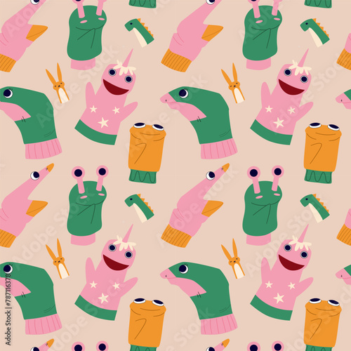 Seamless pattern with hand puppets. Childish puppets and toys.