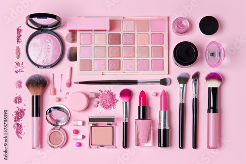 Various Cosmetics and Makeup Products on Pink Background