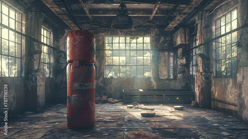 Dark vintage retro old gym boxing bag fitness sport martial arts room interior background, generative Ai photo