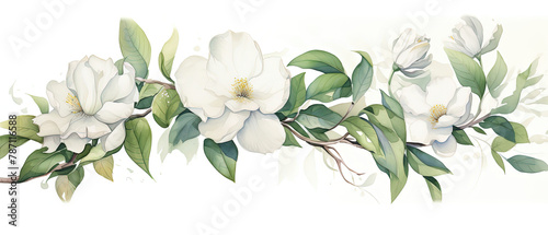 a three white flowers on a branch with green leaves