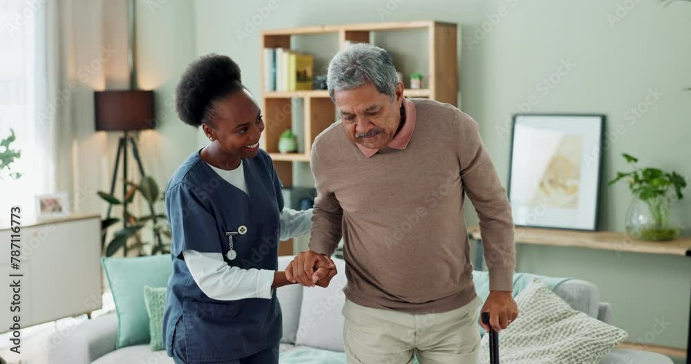 Senior, man and caregiver with help or walking stick for mobility, injury healing and retirement support in nursing home. Elderly person, nurse and helpful with movement and medical care in homecare