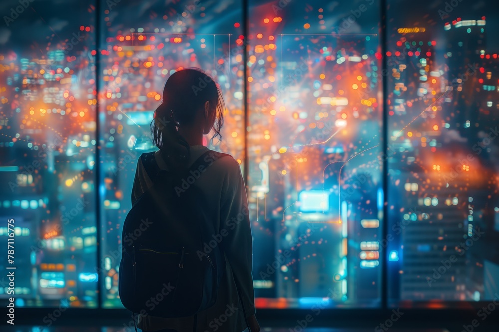 Woman gazing at neon cityscape through glass Woman gazing at neon cityscape through glass