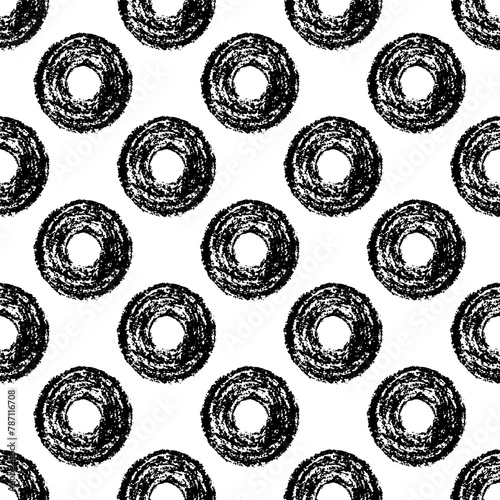 Symmetric Seamless Pattern of Hand-Drawn Black Circles on White Background. Style of Children's Drawing. photo