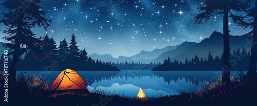 Camping under the stars vector art illustration, the tent lit up in front of the lake surrounded by trees and on a grassy ground with a campfire nearby #787116743