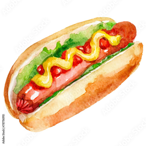 Hot dog, watercolor illustration, transparent background