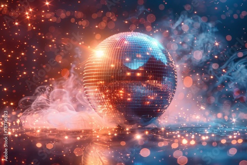 A sparkling disco ball illuminates with vibrant hues as it floats amidst smoke, evoking the lively essence of a nightclub and festive celebrations