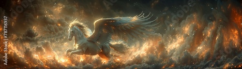 Valkyrie steed, winged gallop, twilight, mount of the chosen, dynamic ascent, dim battlefield, celestial ride photo
