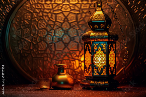 A lantern hanging from a chain with a blue background.