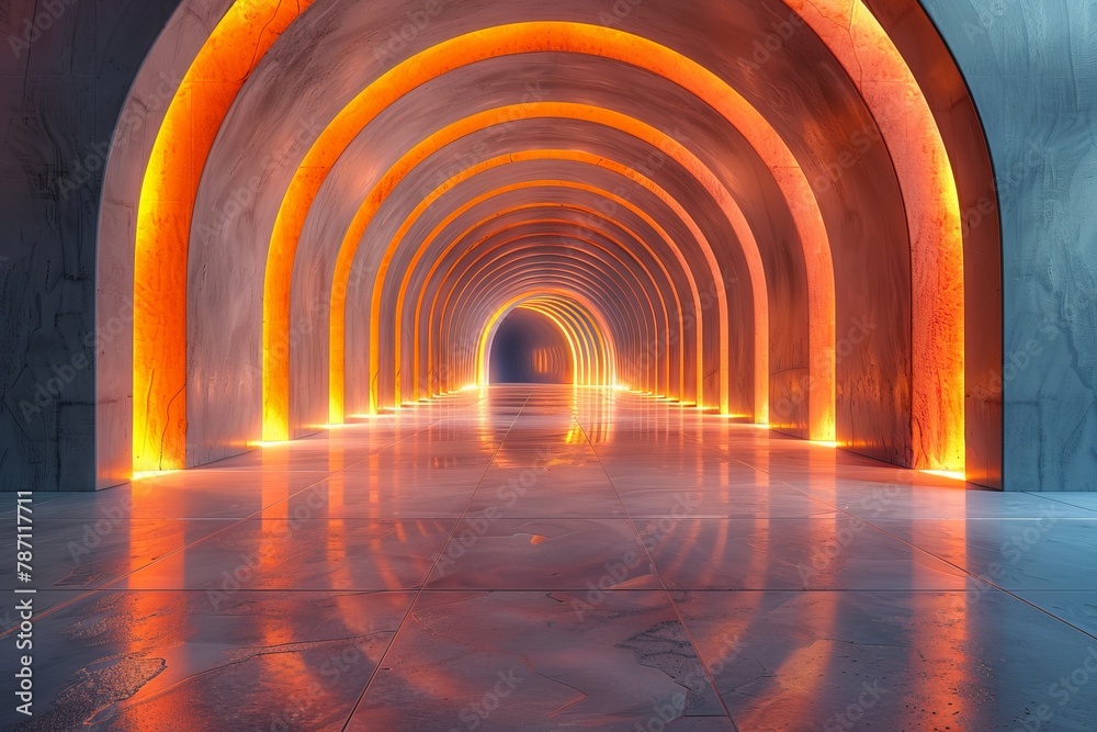 Majestic and futuristic image featuring a tunnel with arches illuminated in cool blue and orange hues, reflecting off the sleek floor Majestic and futuristic image featuring a tunnel with arches illuminated in cool blue and orange hues, reflecting off the sleek floor