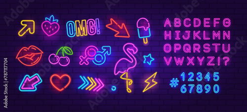 Perfect Neon Sign set 6 on brick wall background. Editable neon icons set of Ranbow glowing signs, Flamingo, Cherry, Arrow etc. Neon Font Type night sign, a glowing light banner for club or bar party photo