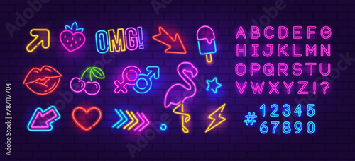 Perfect Neon Sign set 6 on brick wall background. Editable neon icons set of Ranbow glowing signs, Flamingo, Cherry, Arrow etc. Neon Font Type night sign, a glowing light banner for club or bar party