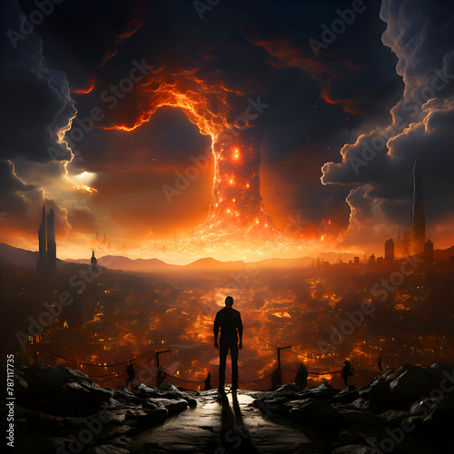 a man in Fantasy landscape with fire in the sky. 3D illustration.