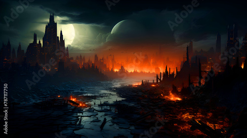 Fantasy landscape with fire and destroyed city. 3D illustration.