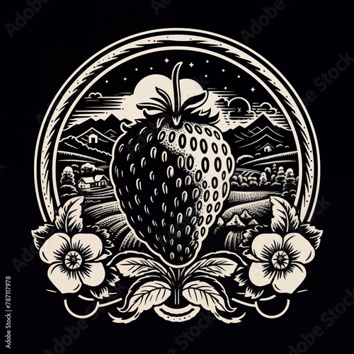 Strawberry. Hand-drawn black flat vector illustration isolated on white. AI generated
