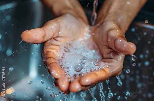 Wallpaper Mural Washing hands under running water with soap suds in the bathroom sink Torontodigital.ca