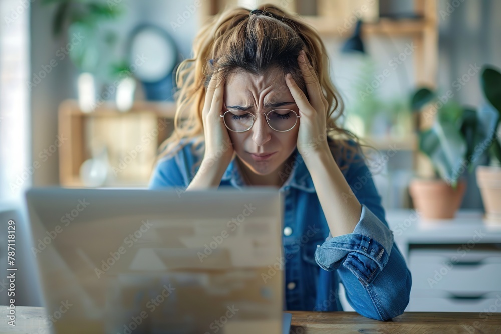 Stressed woman holding her head in discomfort at home office desk Stressed woman holding her head in discomfort at home office desk