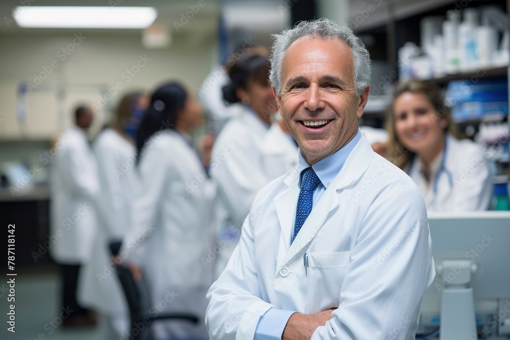 A senior doctor smiling warmly in front of his dedicated medical team