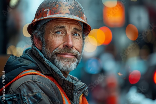 A smiling construction worker with a helmet and a colorful city bokeh in the background