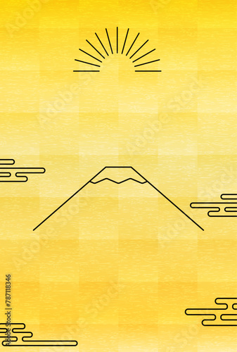 2025年の和風年賀状、富士山と初日の出のシンプルな線画と金箔の背景