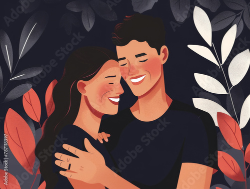 An illustration of a smiling couple embracing, surrounded by stylized leaves.