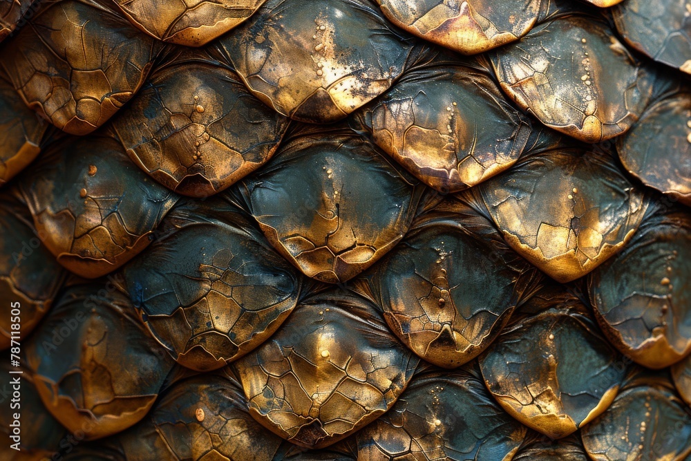 This close-up captures the stunning visual of blue and golden cracked scales with a textured look This close-up captures the stunning visual of blue and golden cracked scales with a textured look